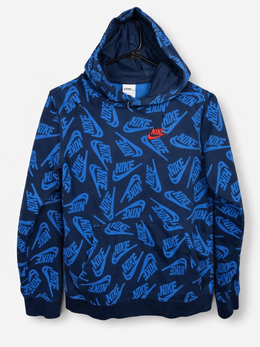 Nike Sportswear All Over Logo Print Hoodie Boys Large Blue Fleece Pullover